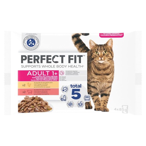 Karma mokra dla kotów z kurczakiem i z wołowiną Perfect Fit 4 x 85 g