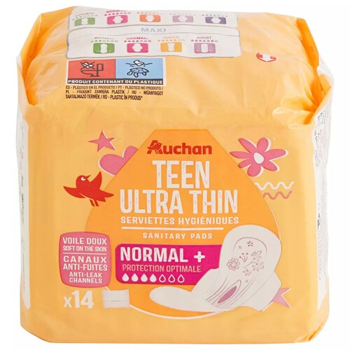 Podpaski higieniczne Teen Ultra cienkie Normal+ ze skrzydełkami Auchan 14 sztuk