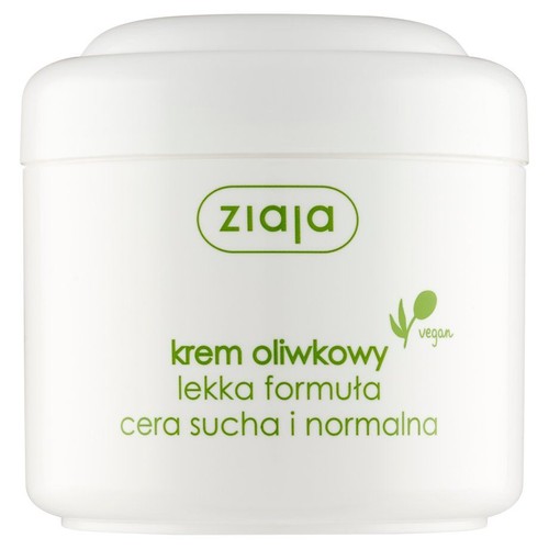 Biały słoik kremu Ziaja oliwkowego, lekka formuła do cery suchej i normalnej. Produkt wegański.