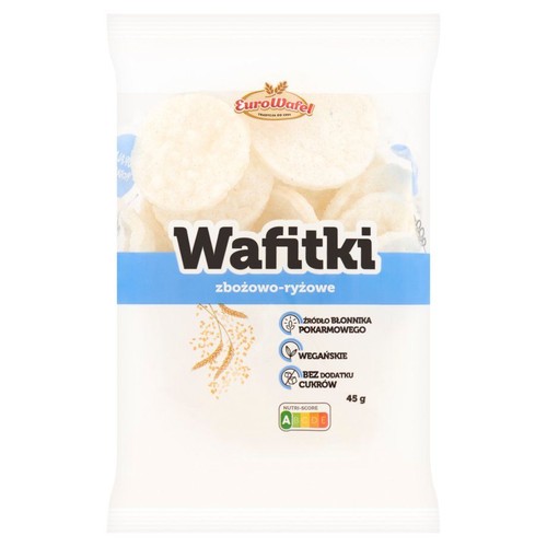 Białe opakowanie wafli Wafitki zbożowo-ryżowych EuroWafel, 45 g. Wafle są widoczne przez przezroczystą część opakowania.