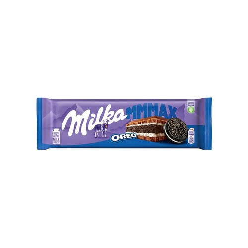 Fioletowe opakowanie czekolady mlecznej Milka MMMAX Oreo. Na opakowaniu widoczna grafika przedstawiająca przekrój czekolady z warstwami kremu i kawałków ciastek Oreo, obok leży całe ciastko Oreo. Etykieta informuje o 100% alpejskim mleku i 100g.