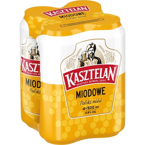 Piwo Kasztelan Miodowe, Polski miód, w czteropaku puszek po 500 ml każda. Na etykiecie widnieje nazwa "Kasztelan" i "Miodowe", a także grafika mężczyzny z kuflem. Całość w barwach miodu i bieli.