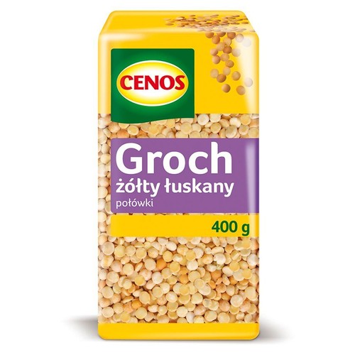 Żółto-fioletowe opakowanie grochu łuskanego połówki CENOS 400g. Na etykiecie napis "Groch żółty łuskany połówki".