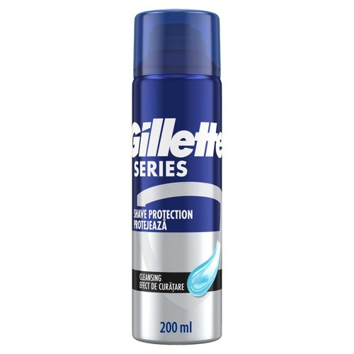 Niebiesko-srebrna puszka Gillette Series Shave Protection, pianka do golenia o pojemności 200 ml.