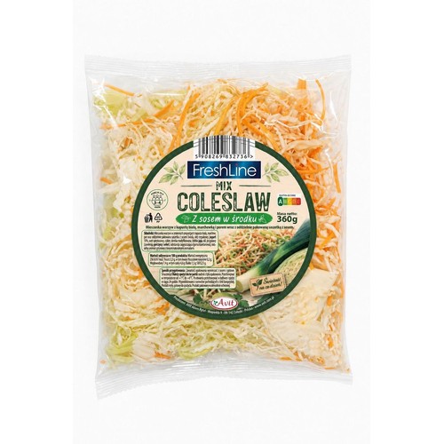 Opakowanie FreshLine Mix Coleslaw 360g. Zawiera poszatkowaną kapustę, marchew i por z sosem w środku.