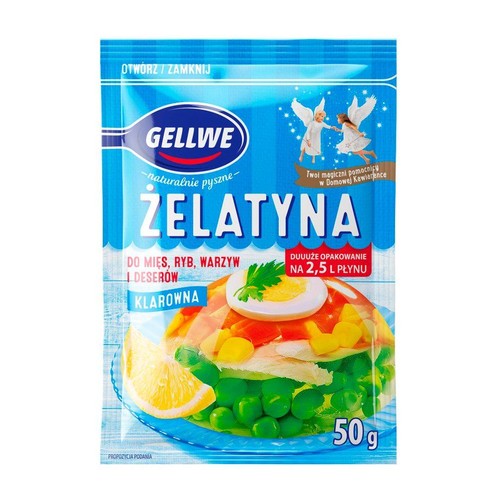 Gellwe Żelatyna Klarowna 50g, na 2,5 L płynu. Do mięs, ryb, warzyw i deserów. Opakowanie z propozycją podania.