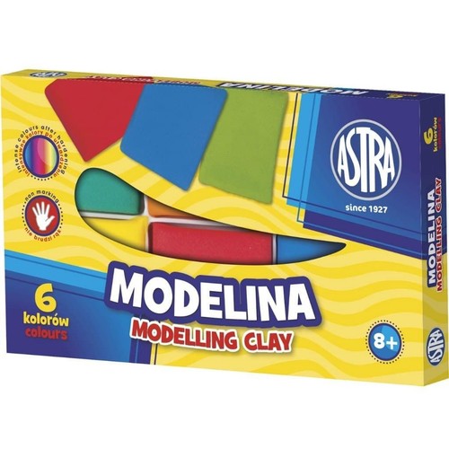 Opakowanie modeliny ASTRA w 6 intensywnych kolorach. Nie brudzi rąk i twardnieje po wyschnięciu. Produkt dla dzieci 8+.