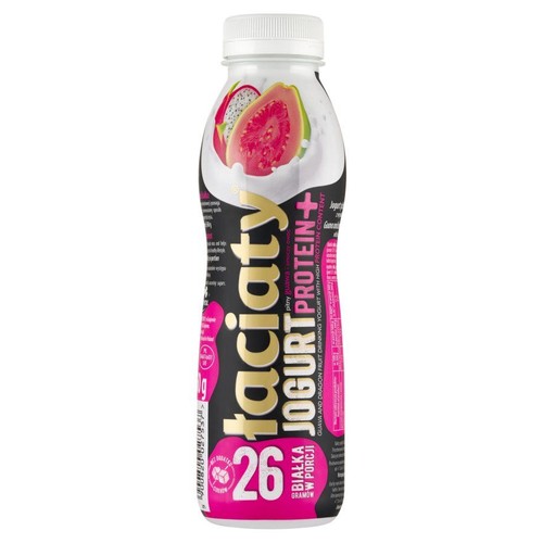 Jogurt pitny Piątnica Protein+ w butelce z białą zakrętką. Smak guawa i smoczy owoc, 26 gramów białka w porcji.