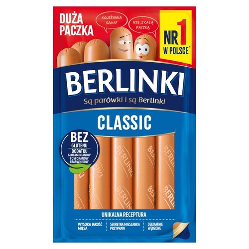 Berlinki Classic, parówki w dużej paczce. Nr 1 w Polsce. Bez dodatku glutenu, fosforanów i barwników.