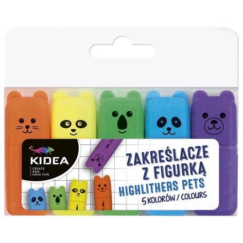 Zestaw pięciu zakreślaczy Kidea Highlighters Pets w przezroczystym opakowaniu. Zakreślacze mają skuwki w kształcie zwierzątek: pomarańczowy kotek, żółty miś, zielona koala, niebieska panda, fioletowy miś. Widoczne są ich uśmiechnięte buźki.
