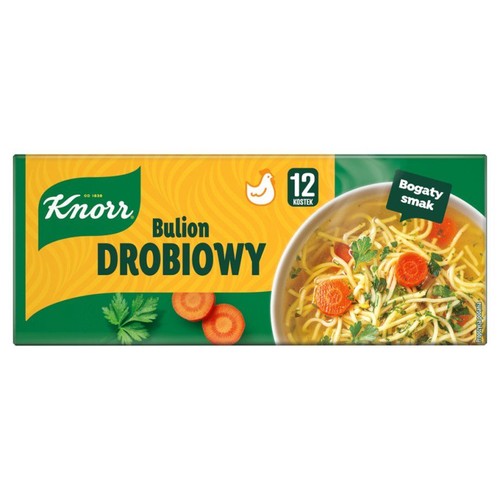 Knorr Bulion Drobiowy w opakowaniu, zawiera 12 kostek. Widoczna grafika zupy z makaronem i warzywami.
