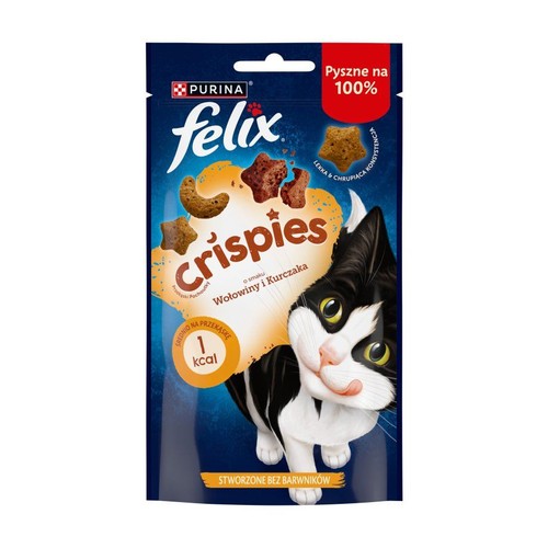 Granatowa saszetka Felix Crispies 45g. Widoczny uśmiechnięty kot i chrupki w kształcie gwiazdek.