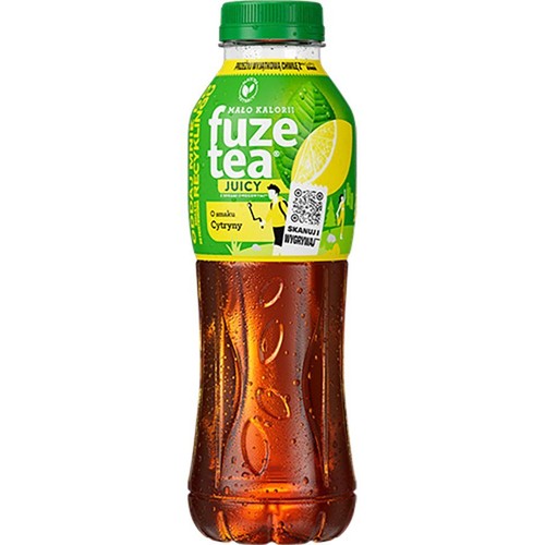 Plastikowa butelka Fuze Tea Juicy o smaku cytrynowym. Etykieta jest zielono-żółta z grafiką cytryny, napisem "Mało kalorii" i kodem QR. Butelka ma zieloną zakrętkę.