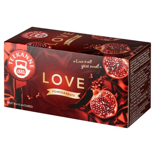 Herbata owocowa Teekanne Love Pomegranate w ciemnoczerwonym kartoniku. Widoczne grafiki granatów i logo Teekanne.