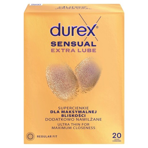 Opakowanie prezerwatyw Durex Sensual Extra Lube, 20 sztuk. Ultra cienkie, dodatkowo nawilżane. Z grafiką odcisków palców.