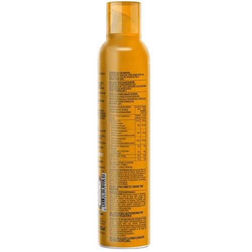 Pionowa, żółto-pomarańczowa butelka sprayu z jadalnym olejem do gotowania, zapobiegającym przywieraniu. Pojemność 200 ml. Na etykiecie widoczna tabela wartości odżywczych oraz instrukcje użycia i ostrzeżenia.