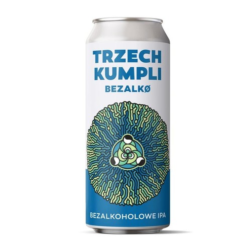 Biało-niebieska puszka piwa Trzech Kumpli Bezalkø Bezalkoholowe IPA. Na środku zielono-niebieski, stylizowany wzór.