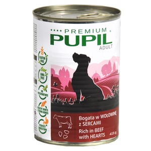 Karma mokra bezzbożowa dla dorosłych psów bogata w wołowinę z sercami Pupil 415 g