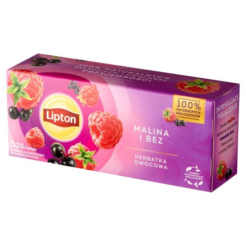 Lipton Herbatka Owocowa Malina i Bez, 20 torebek. Opakowanie z napisem "100% Naturalnych Składników".