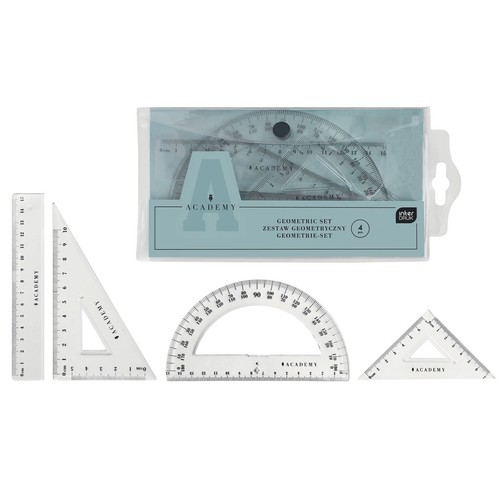 Zestaw geometryczny Academy, 4 sztuki. Widać zapakowany komplet oraz rozłożone elementy: przezroczystą linijkę 15 cm, kątomierz 180 stopni i dwie ekierki. Wszystkie elementy mają logo Academy.