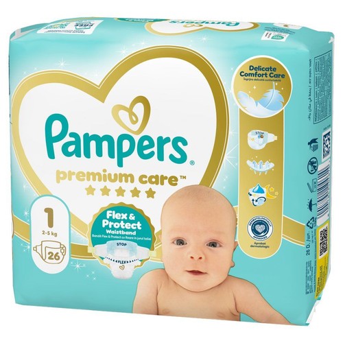 Opakowanie pieluszek Pampers Premium Care, rozmiar 1 (2-5 kg), 26 sztuk. Na froncie wizerunek dziecka.