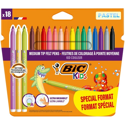 Zestaw 18 flamastrów BIC Kids ze średnią końcówką, ultra zmywalne, w pastelowych kolorach. Rekomendowane przez nauczycieli.