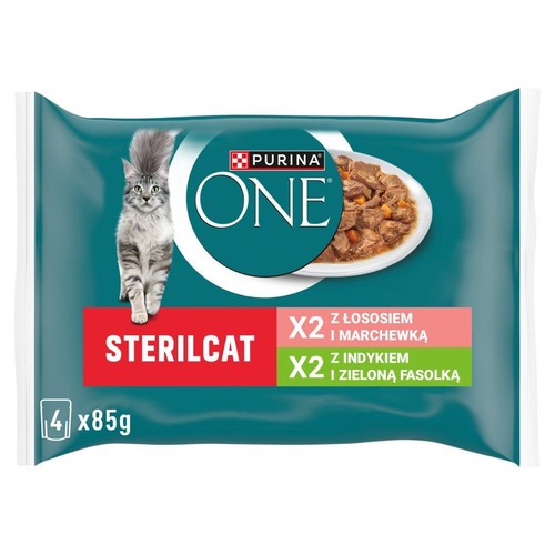 Turkusowe opakowanie karmy Purina One Sterilcat dla kotów sterylizowanych, 4x85g. Zawiera saszetki o smaku łososia z marchewką i indyka z fasolką.