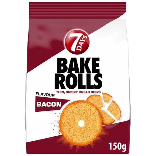 Opakowanie 7 Days Bake Rolls o smaku bekonu, 150g. Biało-bordowa paczka z chrupkami chlebowymi.
