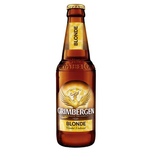 Butelka piwa Grimbergen Blonde, opactwa założonego w 1128 roku. Etykieta główna w odcieniach złota przedstawia feniksa, nazwę "Grimbergen" oraz informację "Blonde Zaokrąglone i zbalansowane". Na szyjce butelki widnieje napis "Blonde".