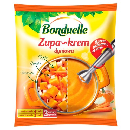 Opakowanie Bonduelle Zupa krem dyniowa. Na grafice widać pokrojone warzywa: dynię, cebulę, marchew, oraz gotową zupę krem. Produkt można zmiksować na krem. Porcja dla 4 osób jako zupa, dla 3 jako krem. Gotowe w 3 minuty.