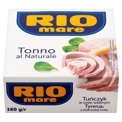 Białe opakowanie Rio Mare Tuńczyk w sosie własnym, 160 g. Na pudełku grafika tuńczyka z zielonymi liśćmi.