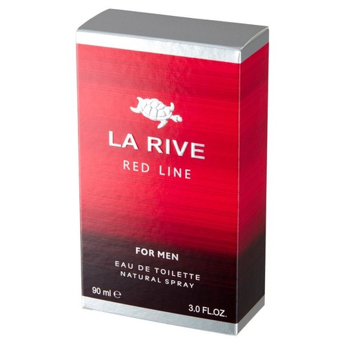 Czerwone opakowanie wody toaletowej LA RIVE RED LINE dla mężczyzn, 90 ml. Na pudełku białe logo żółwia.