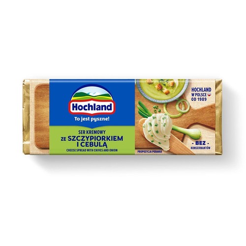Opakowanie sera kremowego Hochland z dodatkiem szczypiorku i cebuli. Produkt bez konserwantów.