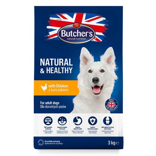 Karma Butchers Natural & Healthy dla dorosłych psów, z kurczakiem, 3 kg. Opakowanie z logo Butchers i flagą brytyjską. Produkt jest w 100% kompletny i zbilansowany, wspiera zdrową skórę, sierść, trawienie, odporność i mocne zęby.