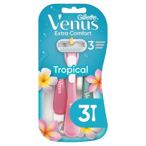 Trzy maszynki Gillette Venus Extra Comfort Tropical w opakowaniu z motywem tropikalnym. Dwie różowe, jedna zielona.