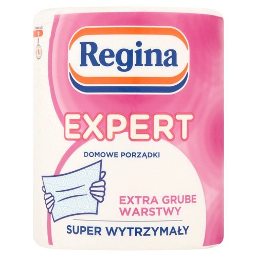 Regina EXPERT Domowe Porządki, ręcznik papierowy. Opakowanie biało-różowe z logo i grafiką dłoni.