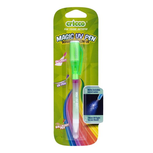 Długopis UV Cricco Magic z niewidzialnym tuszem i lampką UV. Opakowanie zielone z tęczowymi paskami.