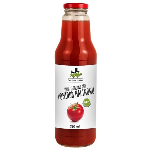 Szklana butelka soku Dolina Czerska 100% Tłoczony Pomidor Malinowy o pojemności 750 ml. Ma czerwoną zakrętkę i białą etykietę z zielonym logo farmy, nazwą produktu i grafiką czerwonego pomidora. Oznaczony jako NFC (nie z koncentratu).