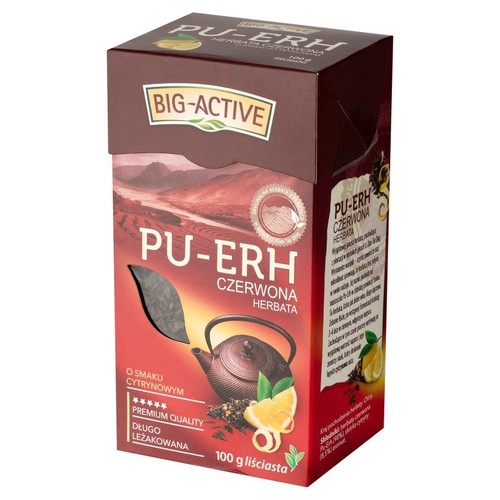 Opakowanie herbaty Pu-Erh czerwonej Big-Active o smaku cytrynowym, 100 g liściastej. Na pudełku grafika czajnika i cytryn.