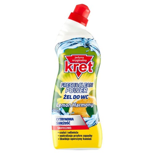 Żel do WC Kret Fresh&Clean Power o zapachu cytrynowym. Butelka z czerwoną nakrętką, etykieta z cytryną i falami wody.