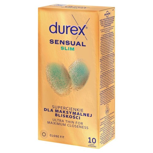 Durex Sensual Slim, supercienkie prezerwatywy lateksowe. Opakowanie zawiera 10 sztuk.