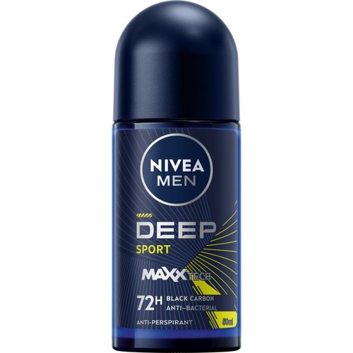 Antyperspirant NIVEA MEN Deep Sport 50 ml, roll-on, ciemnoniebieski z żółtymi detalami na etykiecie.