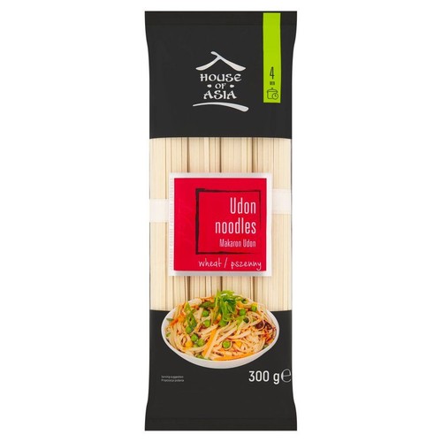 Opakowanie makaronu Udon pszennego House of Asia, 300 gramów. Na froncie widoczna czerwona etykieta z nazwą produktu i informacją o pszenicy. Poniżej grafika przedstawiająca makaron z warzywami w misce.