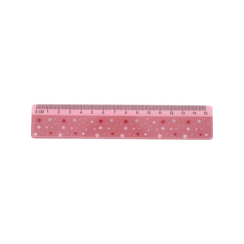 Różowa linijka 15 cm z wzorem w białe serduszka i czerwone gwiazdki.