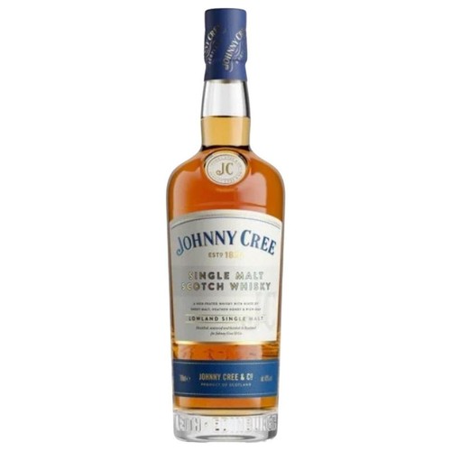 Butelka whisky Johnny Cree Single Malt Scotch Whisky, 700ml. Na etykiecie nazwa, rok założenia 1847 i informacja o pochodzeniu.