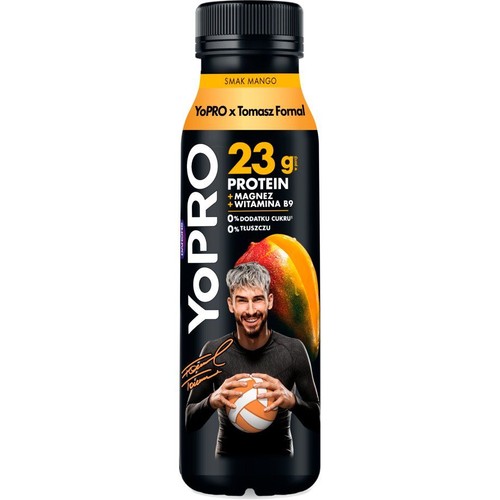 YoPRO napój proteinowy o smaku mango, 23g białka, 0% cukru i tłuszczu. Na etykiecie Tomasz Fornal i mango.