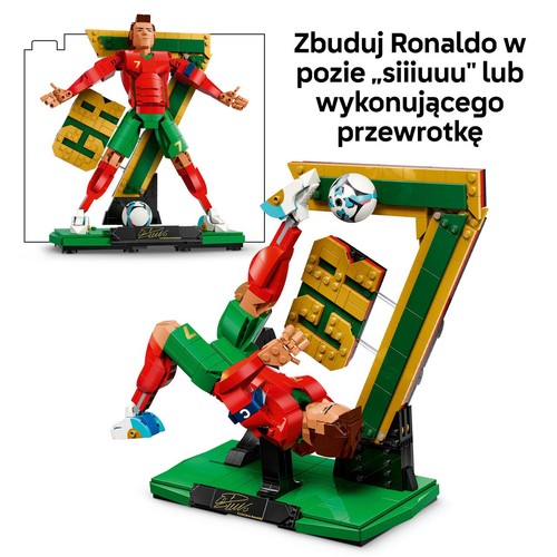 Zestaw LEGO przedstawiający piłkarza Cristiano Ronaldo w dwóch pozach. Główna figura w czerwono-zielonym stroju wykonuje efektowną przewrotkę, z piłką w powietrzu. Mniejsza figurka stoi w pozie "siiiuuuu", z numerem 7 na koszulce.