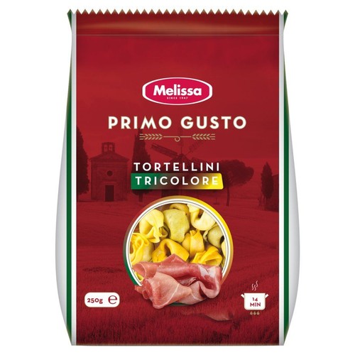 Opakowanie makaronu Melissa Primo Gusto Tortellini Tricolore 250g. Widoczne żółte, zielone i białe tortellini z plastrami szynki.