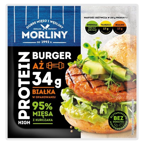 Opakowanie Morliny Hamburger Drobiowy Proteinowy 200g. Czarno-niebieskie tło z grafiką burgera z kurczaka, sałatą i awokado.