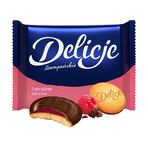Ciemnoniebieskie opakowanie Delicji Szampańskich z różowym dołem. Grafika przedstawia ciastka z galaretką malinową i czekoladą.